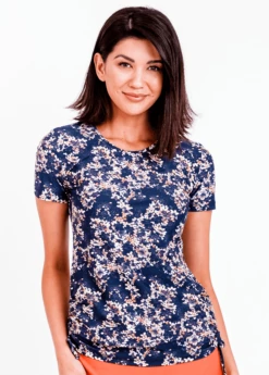 Adele Swim Top With Knee Length Swim Skort -Calypsa Sales front navy blossoms 3 modli cropped 1013 865 2178 2494 1