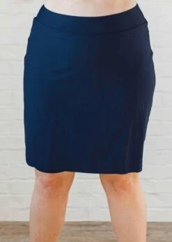 Plus Size Knee Length Swim Skort -Calypsa Sales knee length swim skort frontbrick navy modli cropped 311 6 2744 3423 7